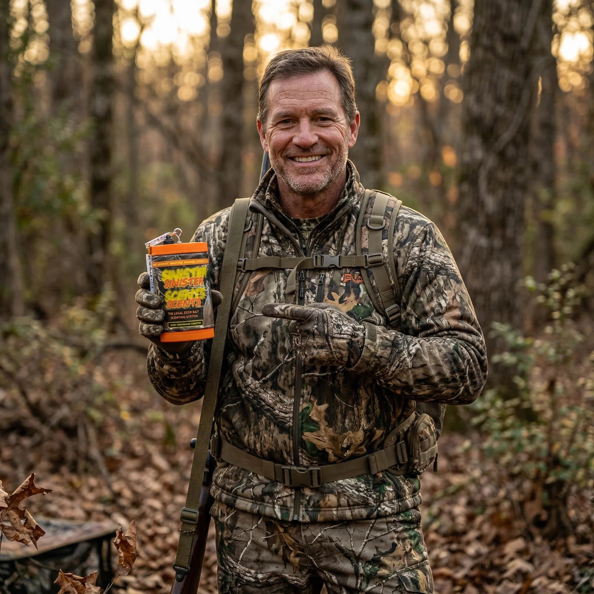 Hunter holding Sinister Scents product